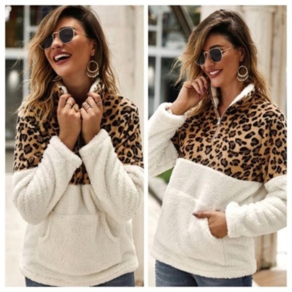 Tops - Leopard Fleece Sherpa 1/4 Zip Pullover Sweatshirt Women Size Large